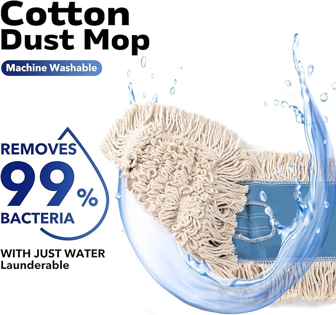 Matthew Cleaning 36'' Industrial Strength Cotton Dust Mop Refill Washable Replacement Heads for Residential & Commercial Use Fit Standard Dust Mop Frames, Hardwood, Concrete Floors Blue&White 12 Pack
