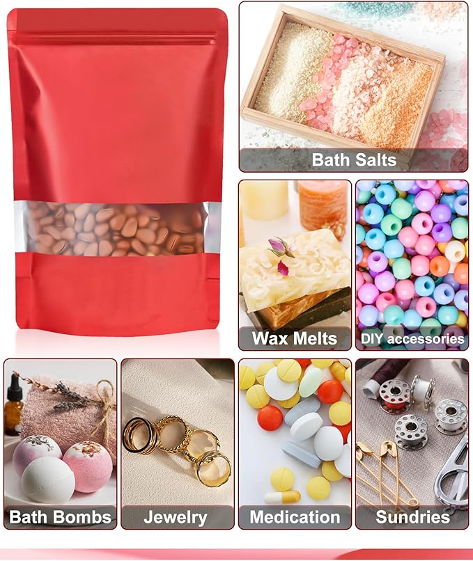 FireKylin 100 Pack Smell Proof Bags 6.3" x 9.4", Resealable Bags with Matte Window, Foil Pouch Stand Up Sealable Bags for Packaging（Red）