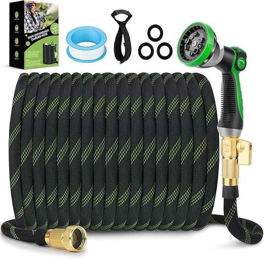 Non-Expandable Garden Hose 100 ft, Ultra Lightweight & Flexible Water Hose With 10-Pattern Spray Nozzle, Full Length Leak-Proof Design, High-Density Fabric & Shut-Off Valve, Hose Straps