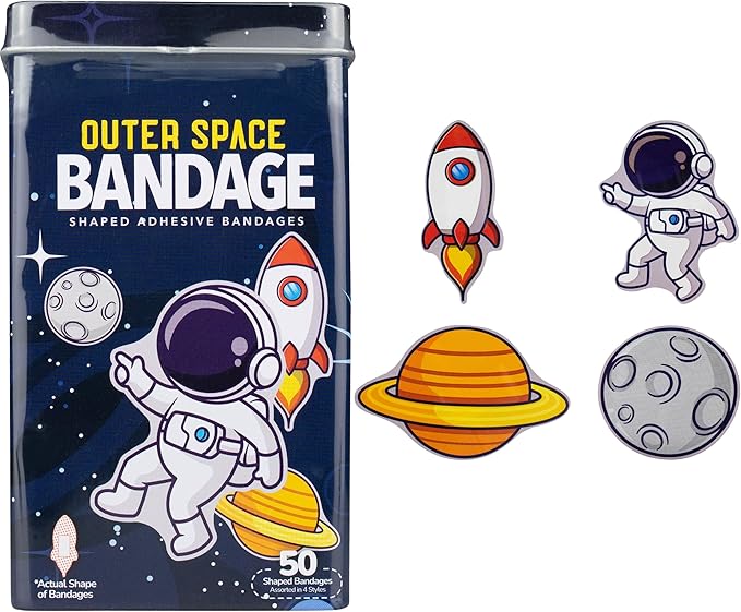 BioSwiss Kids Bandages, Outer Space Shaped Self Adhesive Bandage Set, Latex Free, Sterile Wound Care, 50 Count