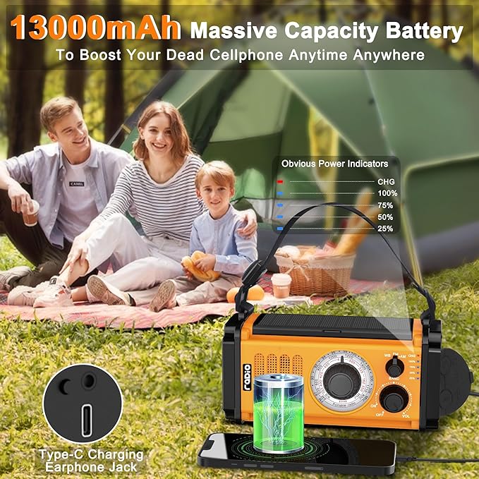 48100mWh Crank Emergency Weather Radio, Solar Hand Crank NOAA/AM/FM Radio, Portable Dynamo Radio, Flashlight & Reading Lamp,SOS,Earphone Jack, Compass for Hurricane Storm Camping Outdoor Survival Kit