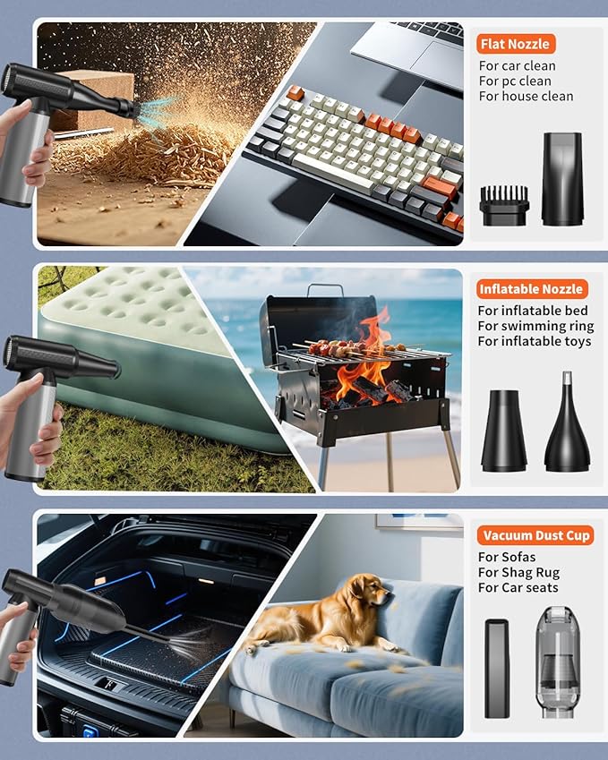 Compressed Air Duster, 2-in-1 Duster Blower & Vacuum with 320000RPM Super Power, Electric Air Duster Rechargeable, 3-Gear Adjustable Air Blower for Keyboard, Computer, Car, Home, and Outdoor Cleaning
