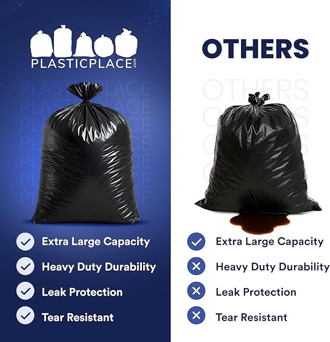 Plasticplace Black Trash Bags (50 Count) – Heavy Duty 64-65 Gallon Garbage Bags, Puncture Resistant, Large Trash Can Liners, Ideal for Toter Cans, Kitchen & Outdoor Use, 50" x 60" 1.5 Mil