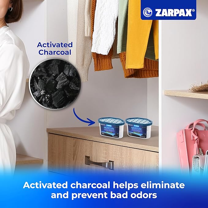 Moisture Absorber Activated Charcoal 6.5 oz/185g | Removes Moisture, Damp, Humidity & Odors | Odor Absorber | Moisture Trap for Bathroom, Closet, Kitchen & Small Spaces | Set of 15