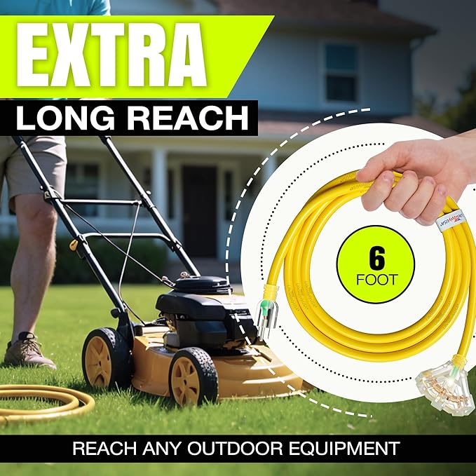 6ft Outdoor/Indoor Extension Cord 3-Outlet 12/3 Gauge Extra Heavy Duty ETL Listed, 3 Prong SJTW, Waterproof, Flexible Cold-Resistant Long Power Cord,15A 125V 1875W, Yellow by LifeSupplyUSA