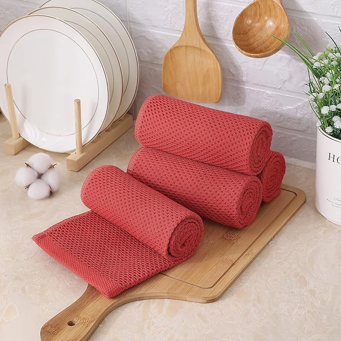 Kitinjoy 100% Cotton Waffle Weave Kitchen Towels, 6-Pack Super Soft and Absorbent Dish Towels for Drying Dishes, Kitchen Hand Towels, 13 in x 28 in, Brick Red