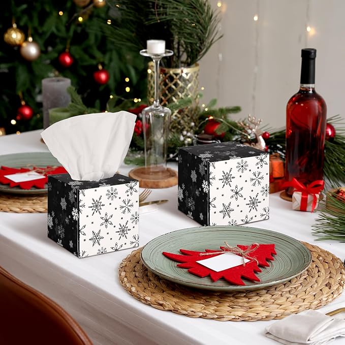 Bencailor 12 Pack Snowflake Facial Tissues Cube Boxes Winter Christmas Tree Square 600 Sheets 3 Ply Small Tissues Cube Boxes for Home Car Accessories(Black and White,Snowflake)