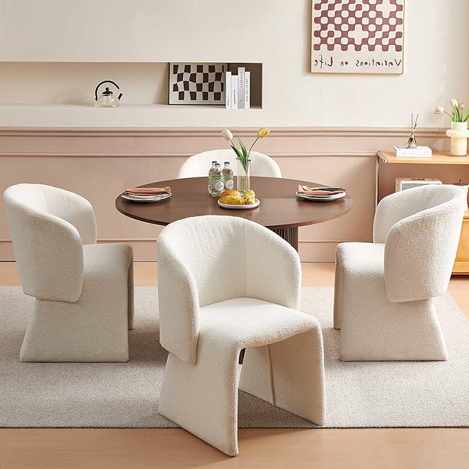Kitchen Dining Table Set for 4, Farmhouse Round Dining Room Table and 4 Seated Dining Accent Chairs Curved Backrest&Armrest, Modern Dining Room Table Set for Home Dining Hall