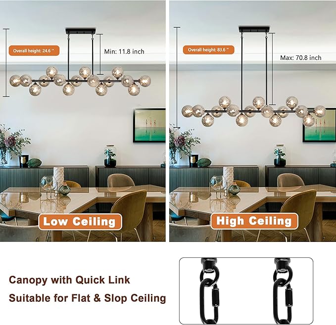 Dining Room Light Fixture 16-Light Large Chandelier Farmhouse Chandeliers for Dining Room Linear Sputnik Chandelier Smoke Gray Swirled Globe Glass Bubble Black Modern Pendant Lights Kitchen Island
