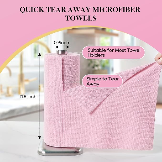 HONOVA Microfiber Cleaning Cloth Roll-90 Pack, Tear Away Microfiber Towels, 12" x 12", Reusable, Washable, Scratch Free, Highly Absorbent Dish Rags for Car, Home, Garage or Shop(Pink&Grey)