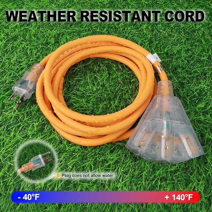 EP 25 Ft 14/3 SJEOW Heavy Duty Outdoor Extension Cord, Yellow 3-Outlet Power Cable with LED Lighted Plug, Water-Resistant for Indoor/Outdoor Use, Lawn, Garden, Appliances & Tools