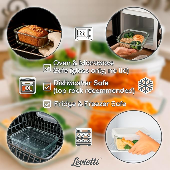 Levietti Glass Food Storage Containers Set of 2 (1040ml/35oz) – Airtight BPA-Free Plastic Lids, Leakproof Borosilicate Meal Prep Containers for Kitchen Organization, Microwave/Oven Safe