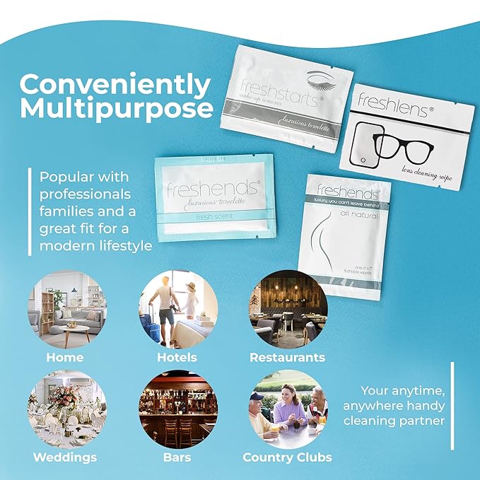 Freshends Flushable Individually Wrapped Wipes – 100 Bulk Pack Luxurious Towelettes, Guest Bathroom Essentials for Weddings, Restaurants, Bars & Clubs – Olive, Travel-Size, Disposable