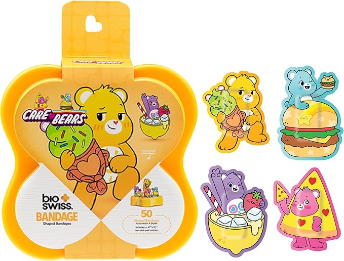 BioSwiss Care Bears Kids Bandages, Sweet and Sour Care Bear Shaped Self Adhesive Bandage Set, Latex Free, Sterile Wound Care, 50 Count