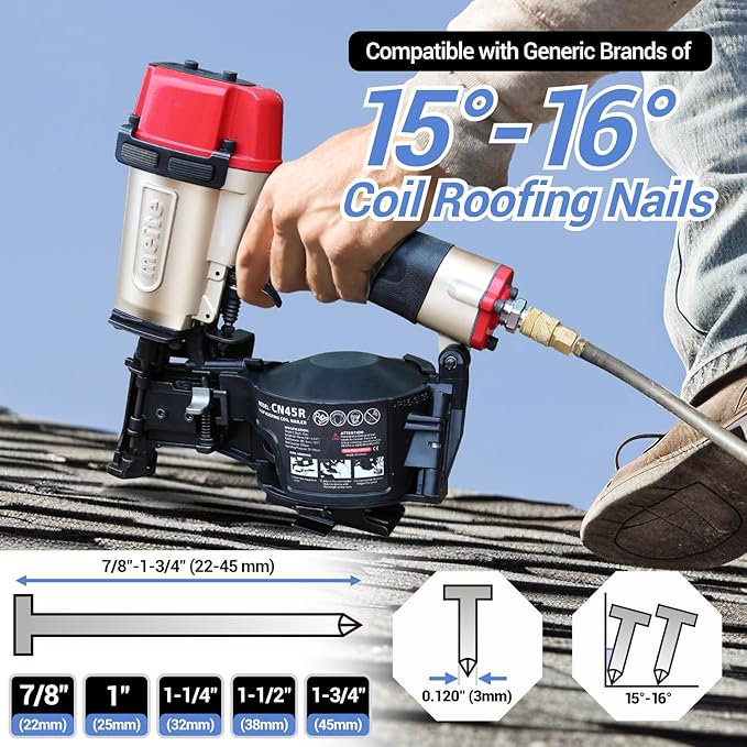 meite CN45R Roofing Nailer 15 Degree Professional Heavy Duty Pneumatic Coil Roofing Nail Gun, Tool-free Depth Dial & Dual Firing Modes for Asphalt Shingles Fencing, Accepts 7/8" to 1-3/4" Coil Nails