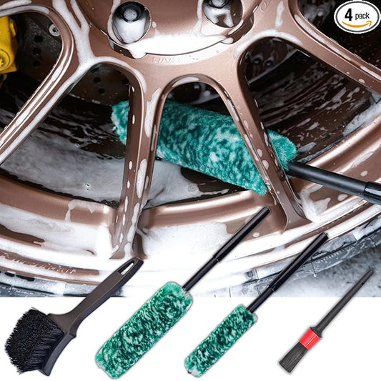 Wheel Brushes for Cleaning Wheels (4 Pro Pack)- 2X Soft Wheel Cleaning Woolies Brush, Detailing Brush and Stiff Tire Brush, Scratch Free Durable Car Wheel Rim Brush Kit for Car Rim and Tire Detailing