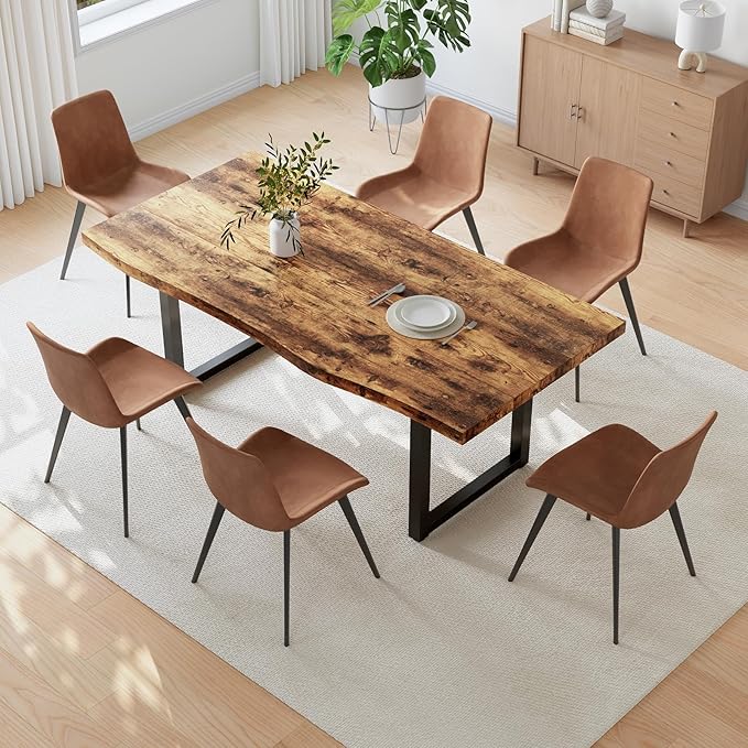 63" Dining Table Set for 6, MDF Board Kitchen Table Set with 6 PU Leather Dining Chairs, Mid-Century Kitchen and Dining Table Set of 7, Saving Space