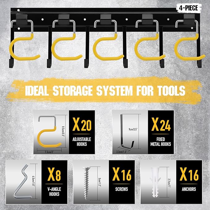 ELEAD 68'' All Metal Adjustable Garden Tool Organizer: Garage Tool Organizer Wall Mount with Yellow Hooks, Garage Organizers and Storage, Tool Hangers for Shed