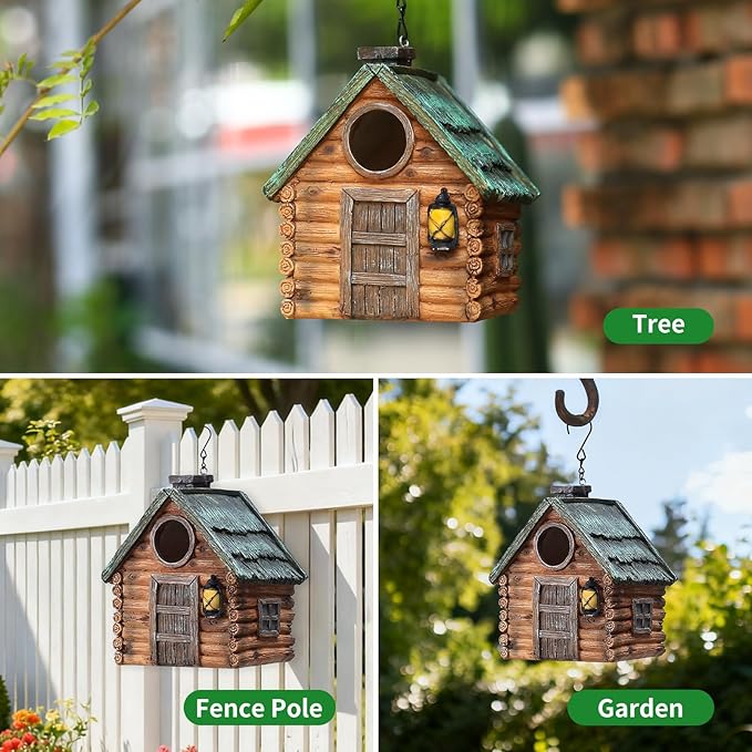 Real Wood-Look Resin Bird House – Waterproof & Durable Forest Bird Houses for Garden, Patio, Yard