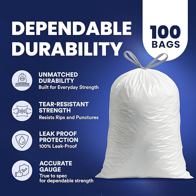 Plasticplace 8 Gallon Trash Bags: Premium White Drawstring Garbage Bag, 0.7 Mil Thickness, Durable Trash Can Liners, Garbage Bags for your Trash Can, Ring Size 22" x 22" (Pack of 100)