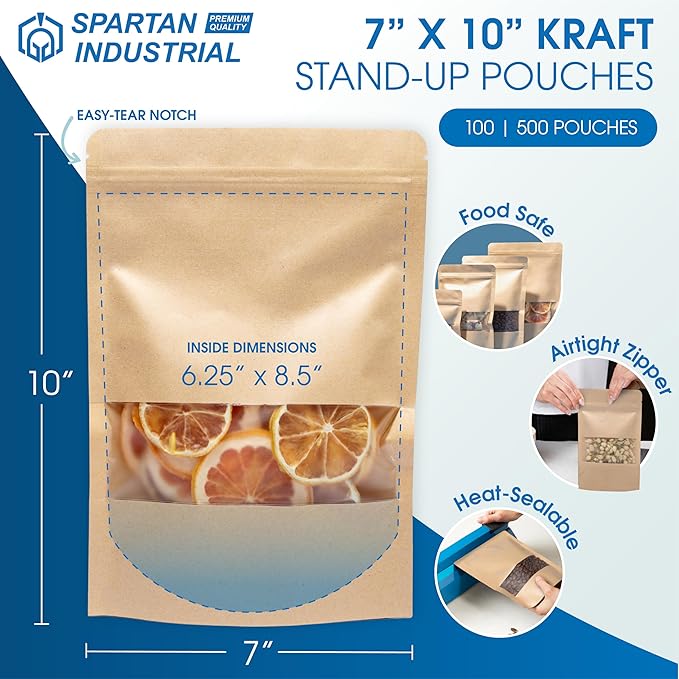 Spartan Industrial - 7" X 10" White Stand-Up Pouch Bags - Pack of 500 Large Smell-Proof Bags for Bulk Food Packaging, Homemade Treats, Bath Products, and More