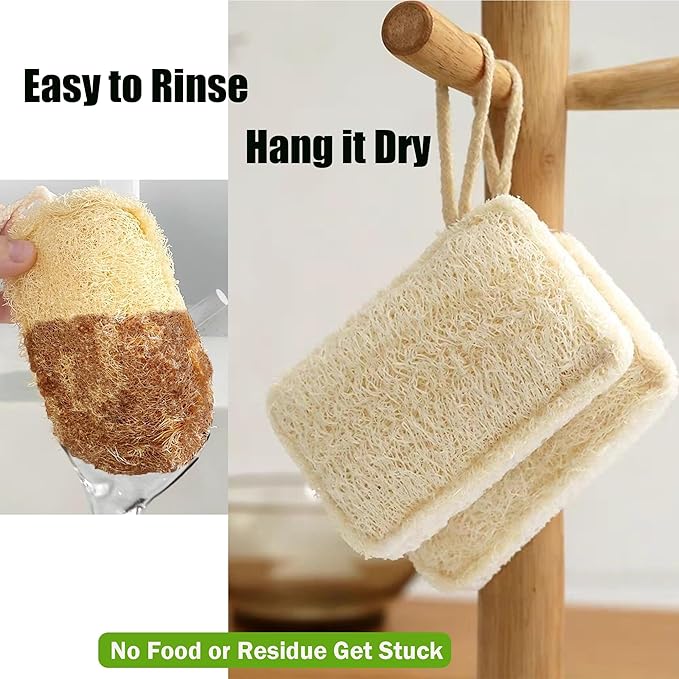 Natural Loofah Kitchen Sponge (3 Pcs) No Scratch Scrubber for Dishwashing, 100% Plant Fibers Vegetable Scrubber, Zero Waste and Eco Friendly Loofa, Square, Large Size