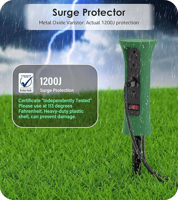 CCCEI Outdoor Power Strip Weatherproof with Stake, Waterproof Extension Cord with Multiple Outlets, Christmas Exterior Garden Decor, Yard, Camping, 4 Plugs, Surge Protector 15FT, Green.