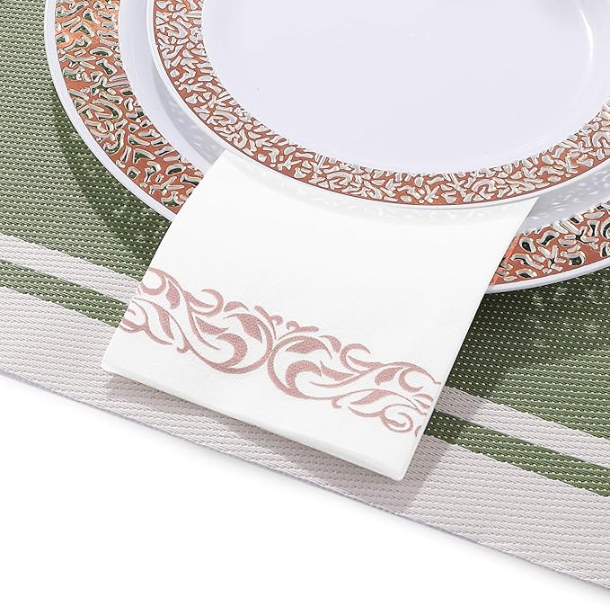 FOCUSLINE 100 Linen Feel Bathroom Napkins, Soft and Absorbent Disposable Guest Towels, Cloth-Like Paper Hand Towels Decorative Napkins for Dinners, Parties, Weddings or Events, Rose Gold, 12" x 17"