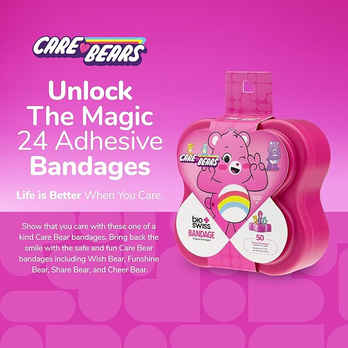 BioSwiss Care Bears Kids Bandages, Unlock The Magic Care Bear Shaped Self Adhesive Bandage Set, Latex Free, Sterile Wound Care, 50 Count