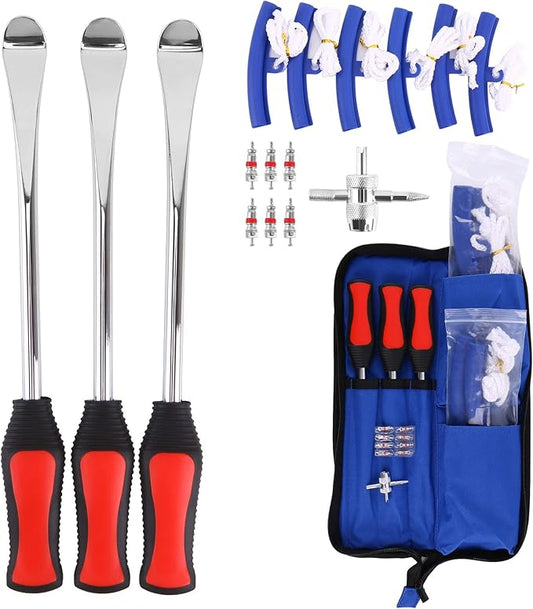 Asooll 11.5" Tire Spoon Dirt Bike Tire Changing Spoons Tool Lever Steel Spoons Kit for Motorcycle ATV Lawn Mower | with 1 Portable Bag + 3 Tire Spoons+ 6 Rim Protectors + 6 Valve Cores + 1 Valve