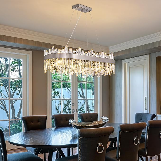 Siljoy Rectangular Crystal Chandelier for Dining Room, 16 Lights Modern Chrome 2-Tiers K9 Crystal Raindrop Chandelier Oval Dimmable Pendant Ceiling Light for Kitchen Island Bar L35.4 Inch