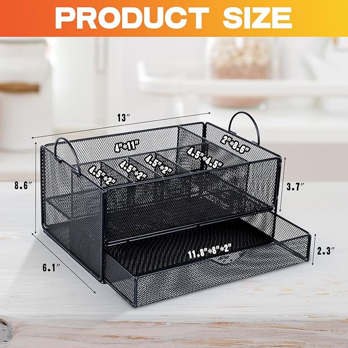 Paper Plate Organizer for Countertop, Paper Plate Dispenser with Drawer and 6 Compartments, Utensil silverware Caddy Holder, Black Cutlery Flatware Organizer with Non-slip mat