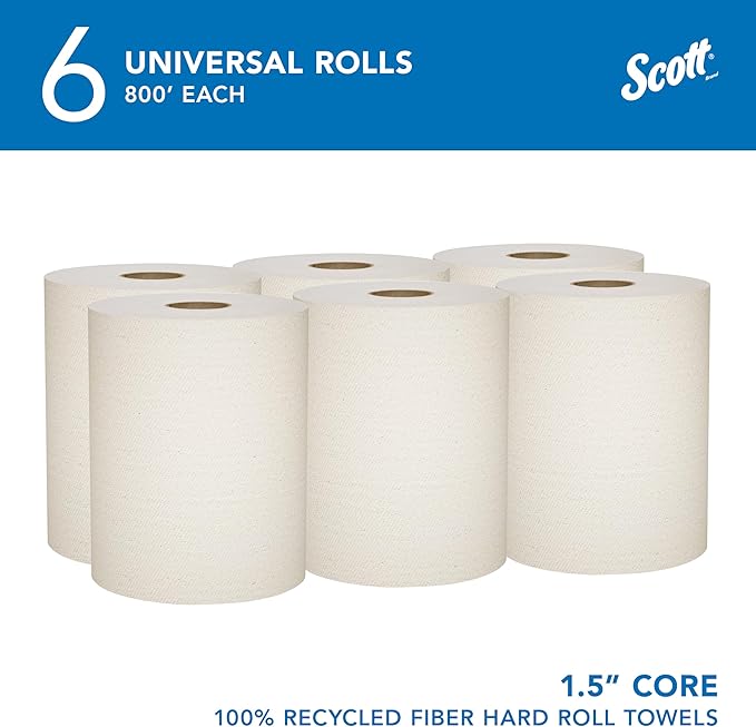 Scott Professional Universal 100% Recycled Fiber Hard Roll Paper Towels, Bulk (56758), Hardwound 1.5' Core, Absorbency Pockets, Compressed, Brown (6 Rolls at 800' Each, 4,800'/Case)