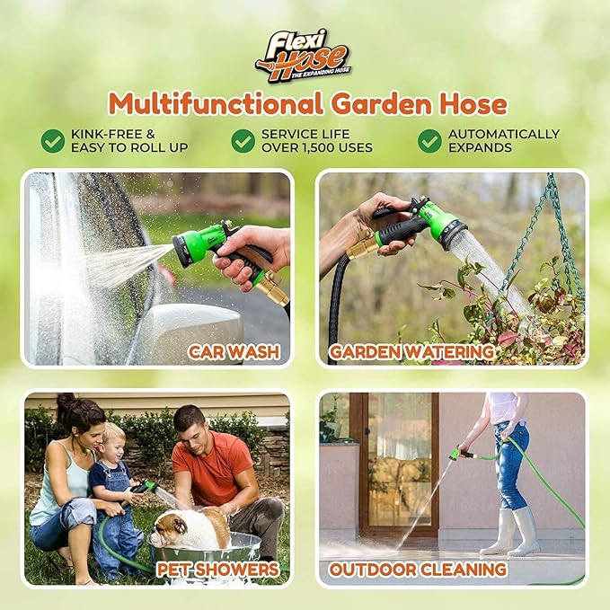 Flexi Hose with 8 Function Nozzle, 150FT - Lightweight Expandable Garden Hose, No-Kink Flexibility, 3/4 Inch Solid Brass Fittings and Double Latex Core