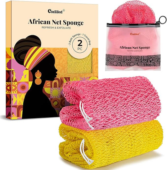 CORATED African Net Sponge Authentic, Shower Loofah Exfoliating Bath Sponge, Body Scrubber for Women and Men Daily Use Body Care, Travel Portable, Durable Bath Accessories for Bathroom (Pink & Yellow)