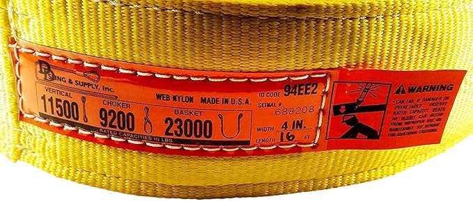 DD Sling. Multiple Sizes (100% Made in The USA) 4" x 16', 2 Ply Nylon Lifting Sling, Eye & Eye, Heavy Duty (900 Webbing), 11,500bs Vertical, 9,200 Choke, 23,000 Basket (4"x16')