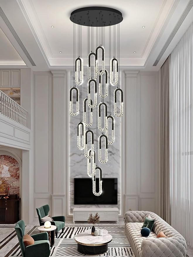 H138 Large Chandelier for High Ceiling,Modern 16-Rings Crystal Chandeliers for Entryway,Black Pendant Light for Living Room,Foyer,Entryway LED Dimmable Staircase Chandelier