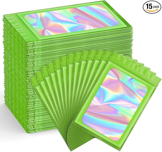 Funfery 300 Pack Smell Proof Resealable Bags for Food Storage,Holographic Bags 4x6 Green Mylar Clear Packaging Bag- Scent Proof for Cookies, Zip Foil Pouch for Small Business
