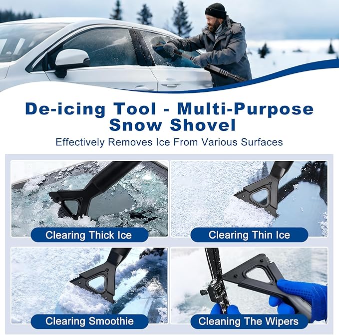 57" Extendable Long Snow Brush with Ice Scraper for Car Truck SUV Van - Soft Squeegee with 270° Pivoting Brush Head for Windshieldand Window - Snow Scraper with Antifreeze Gloves
