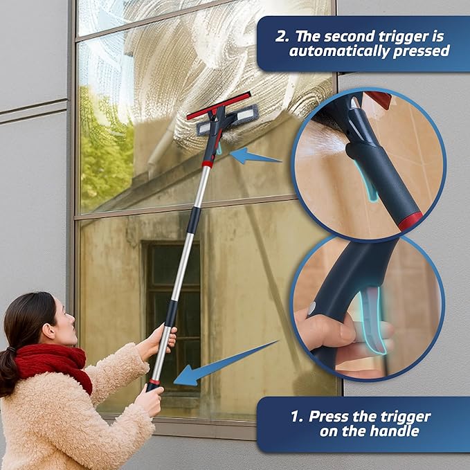 DSV Standard Professional Window Squeegee for Window Cleaning, 2 in 1 Rotatable Window Cleaning Squeegee Kit with Extension Pole, 62” Window Cleaning Tool for Indoor/Outdoor High Windows, Home, Car