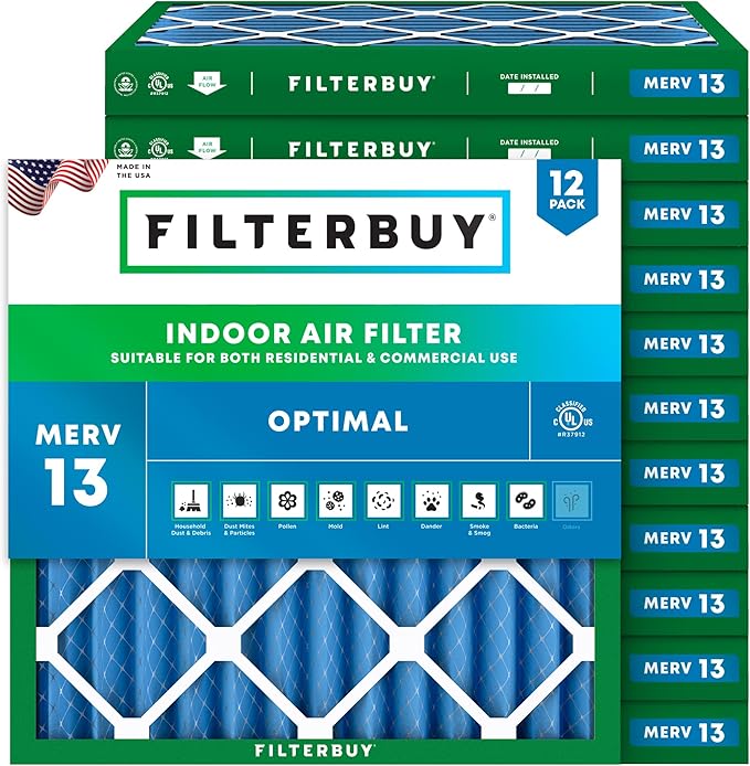 Filterbuy 25x25x2 Air Filter MERV 13 Optimal Smoke & Allergy Defense (12-Pack), Electrostatic Pleated HVAC AC Furnace Filters Replacement, Made in USA (Actual Size: 24.50 x 24.50 x 1.75)