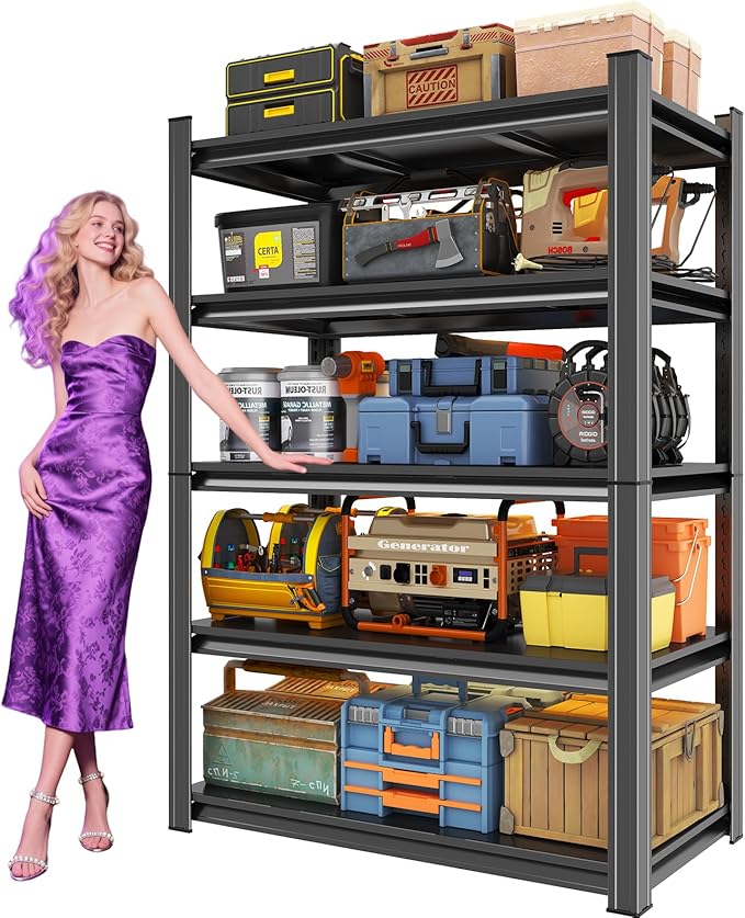 2500LBS Heavy Duty Garage Shelving, 72" H Storage Shelves, Metal Adjustable Garage Shelves, Shelving Units Industrial, Standing Shelf for Warehouse, Basement, Pantry Closet, Black