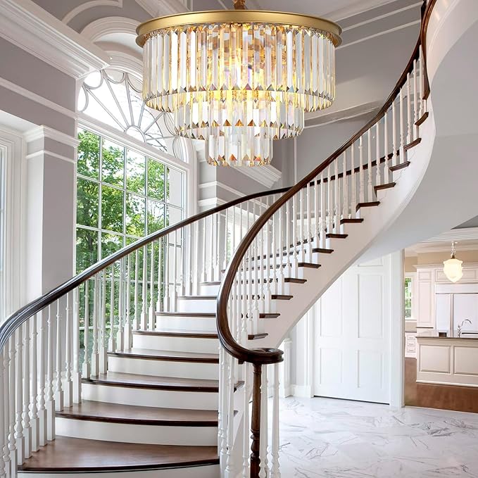 Modern Gold Crystal Chandelier,3-Tier Round Pendant Ceiling Fixture with Height Adjustable Luxury Hanging Chandelier for Dining Room,Living Room,Entryway,Bedroom,Kitchen,and Foyer (Gold Crystal-3)
