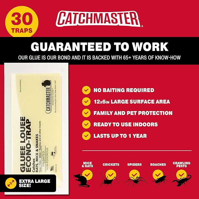 Catchmaster Gluee Louee Rat Extra Large Traps 30-PK, Heavy Duty Glue Traps, Mouse Traps for Home, Pre-Scented Adhesive Glue Boards for Inside House, Snake, Mice, & Spider Traps, Pet Safe Pest Control