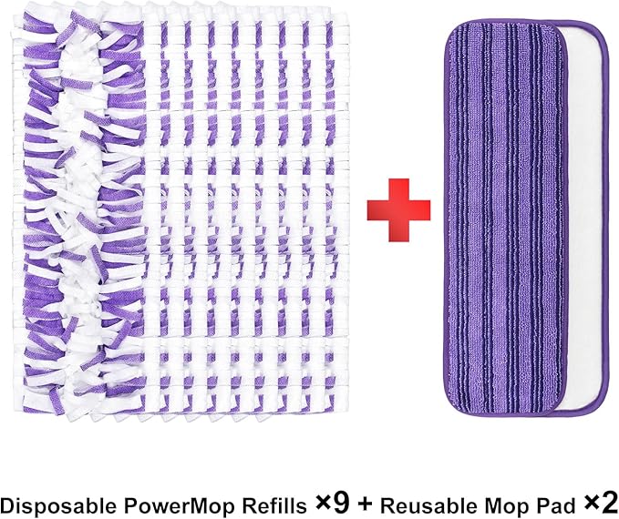 Mop Pads Refills for Swiffer Power Mop, 11 Count Refill Pads for Swiffer Powermop Contains 9 Disposable Mop Pads Refills for Power Mop and 2 Reusable Mop Pads for Power Mop, Refill Pads for Powermop