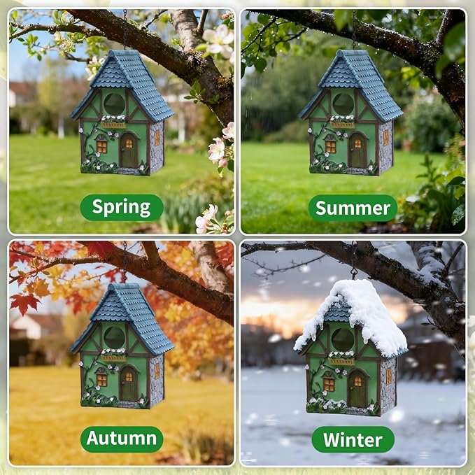 Cottage Garden Birdhouse – Green Resin Outdoor Decorative Bird House with Flower and Stone Details, Weatherproof for Backyard or Porch