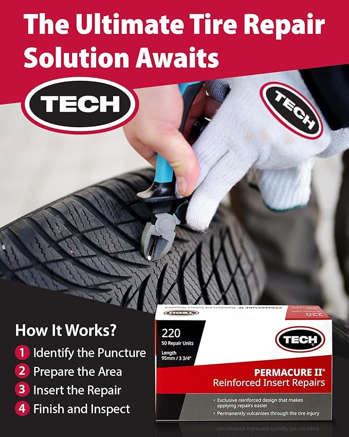 TECH Permacure II Insert Plugs, 3-3/4" (95mm) – Heavy-Duty Natural Rubber for Stronger Flat Fixes, Compatible with Tubeless Plug Kits, Box of 50, Professional-Grade Repair Solution