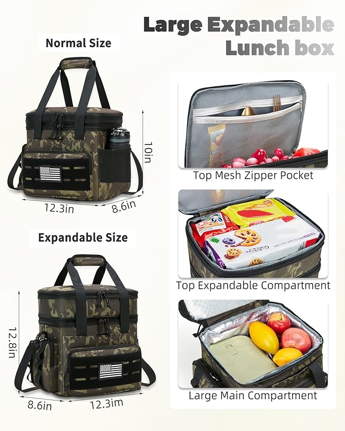 Tactical Lunch Bag & Lunch Box for Men - Large Double Deck Expandable Insulated Soft Adult Lunchbox for Work - Cooler Bag for Beach, Picnic, Camping,Outdoor，Travel (Camo,16L)