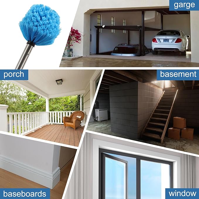 Cobweb Duster with Extension Pole, 8 FT Stiff Bristles Duster Head with Adjustable Stainless Steel Handle, Lightweight High Ceiling Brush Cleaner for Outdoor Indoor