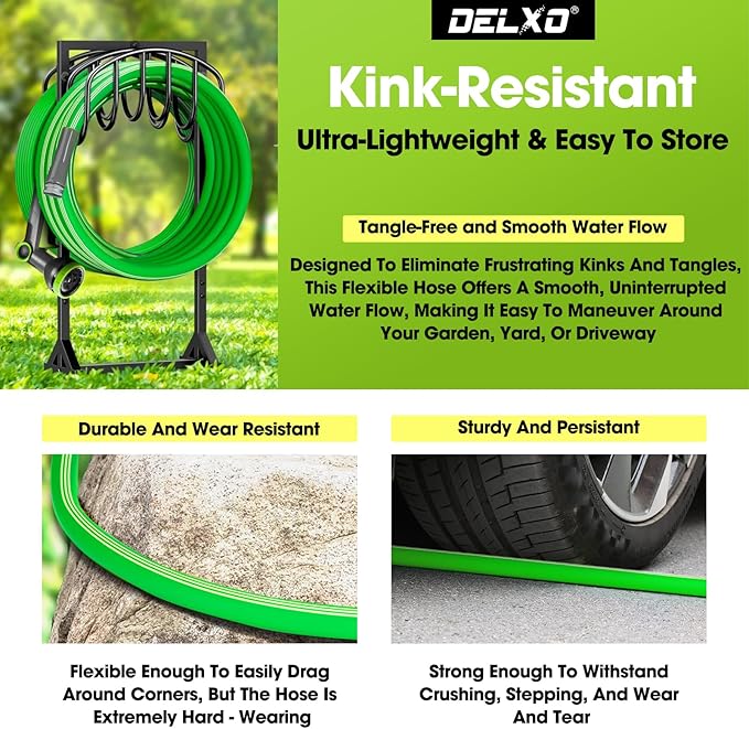 Delxo Garden Hose without Nozzle, 3/4 in. x 100 FT Non-Expanding Water Hose with Aluminum Alloy Interface, Heavy Duty Manguera Para Jardin, Water Pipe, Easy to Use for Gardening, Car Washing & Storage